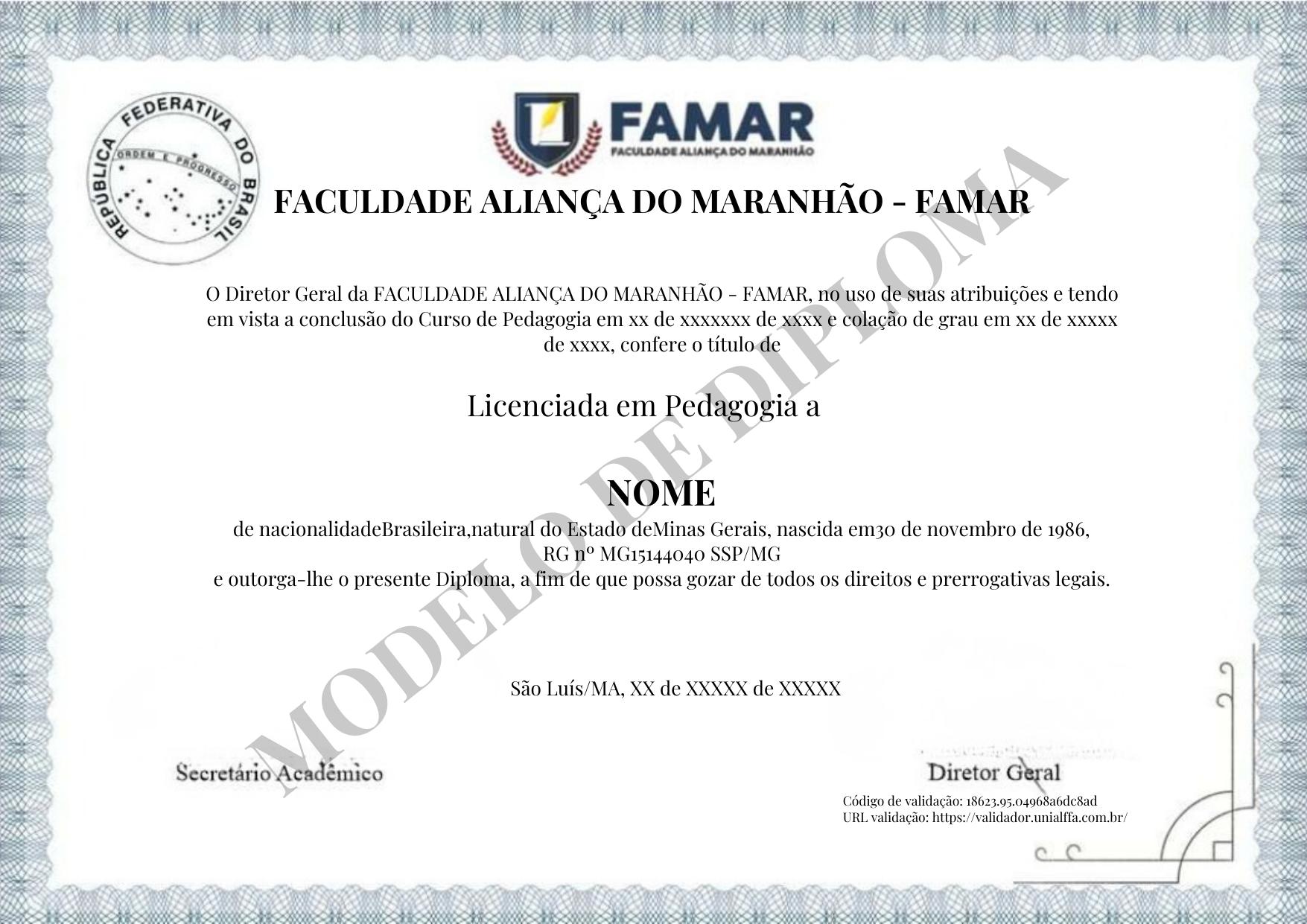 Modelo do diploma de Licenciatura em Pedagogia emitido pela instituição credenciada pelo MEC.