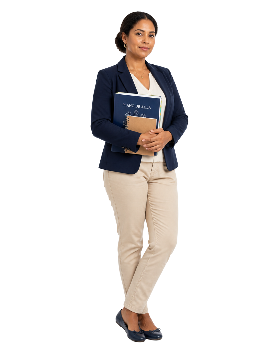 Professora brasileira experiente, de blazer, segurando uma pasta de planejamento de aula e um caderno